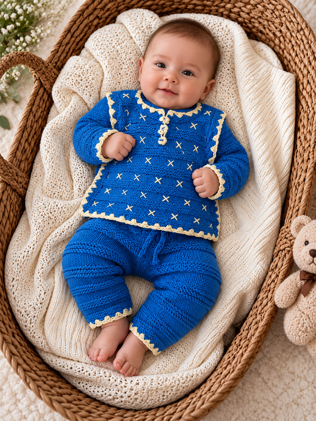 Woonie Knitted Embroidered Sweater with Pant Set - Blue
