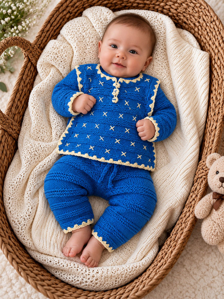 Image of Woonie Knitted Embroidered Sweater with Pant Set - Blue