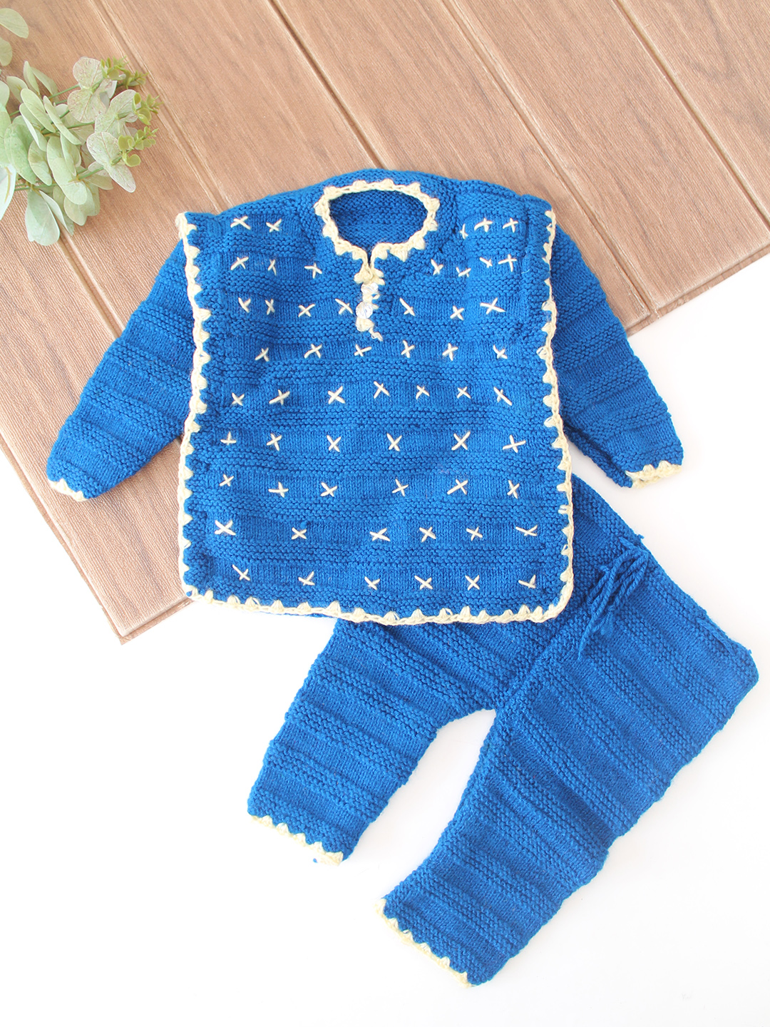 Woonie Knitted Embroidered Sweater with Pant Set - Blue