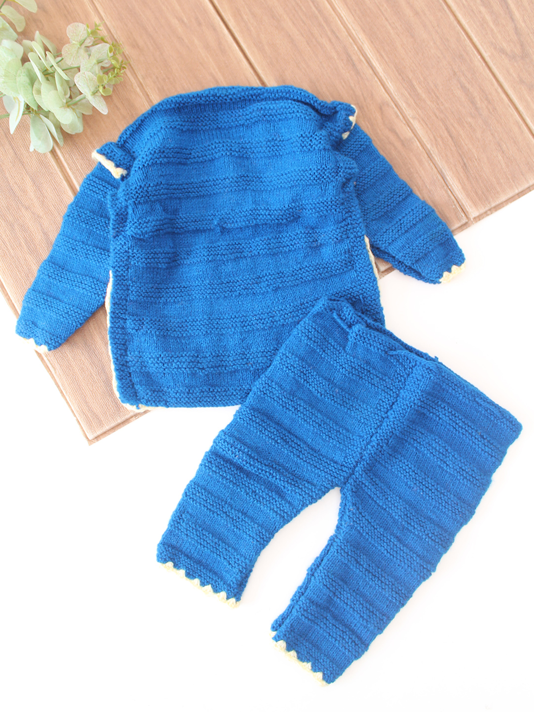Woonie Knitted Embroidered Sweater with Pant Set - Blue
