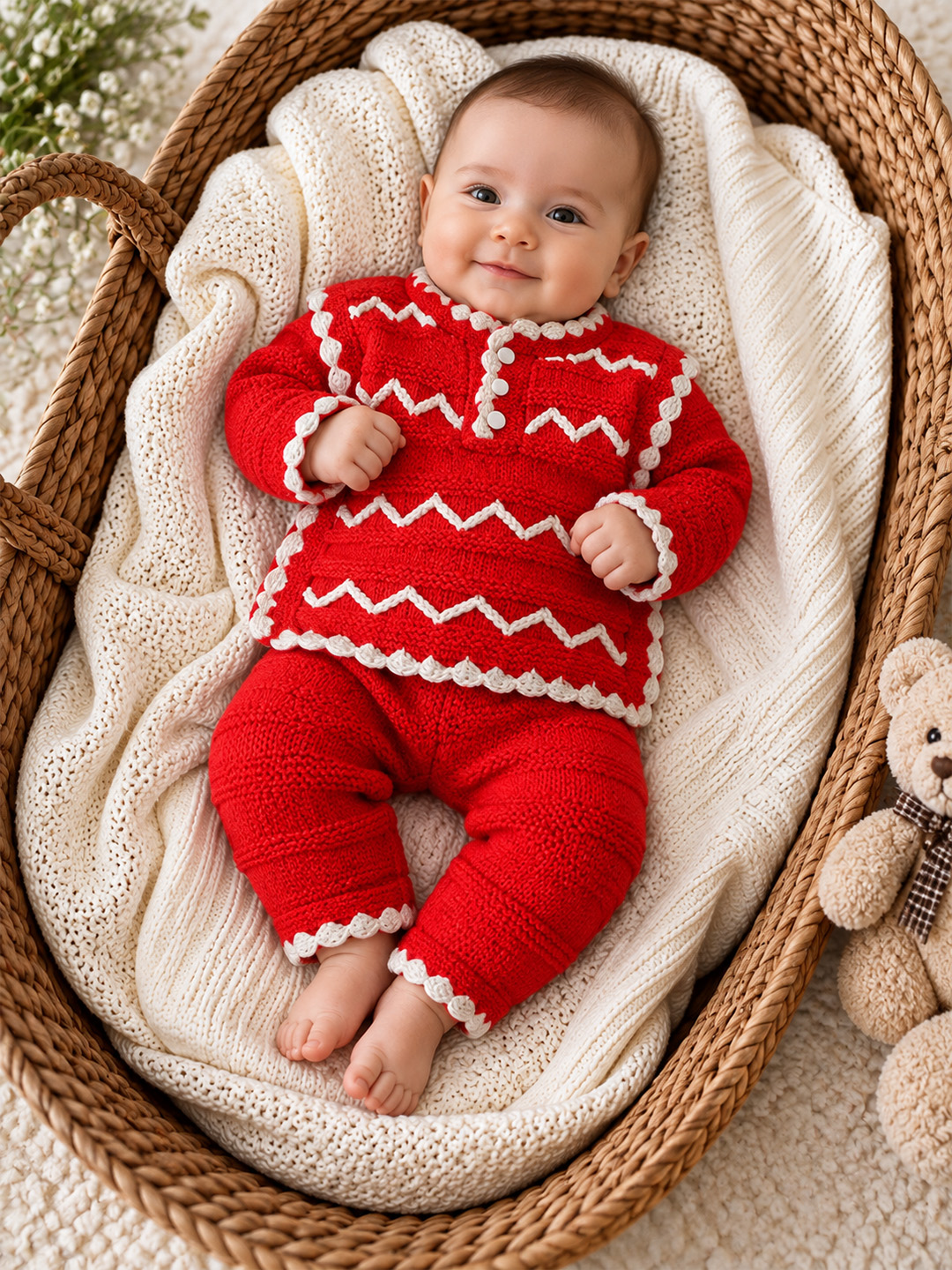 Woonie Knitted Zigzag Embroidered Sweater with Pant Set - Red