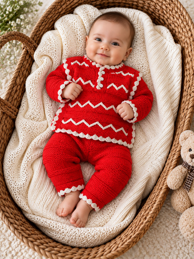 Image of Woonie Knitted Zigzag Embroidered Sweater with Pant Set - Red