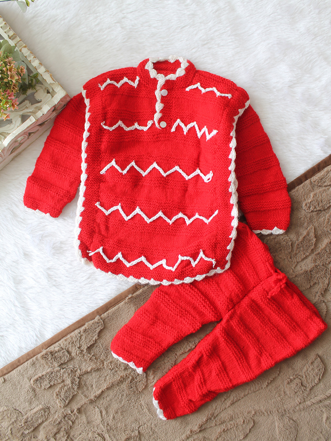 Woonie Knitted Zigzag Embroidered Sweater with Pant Set - Red