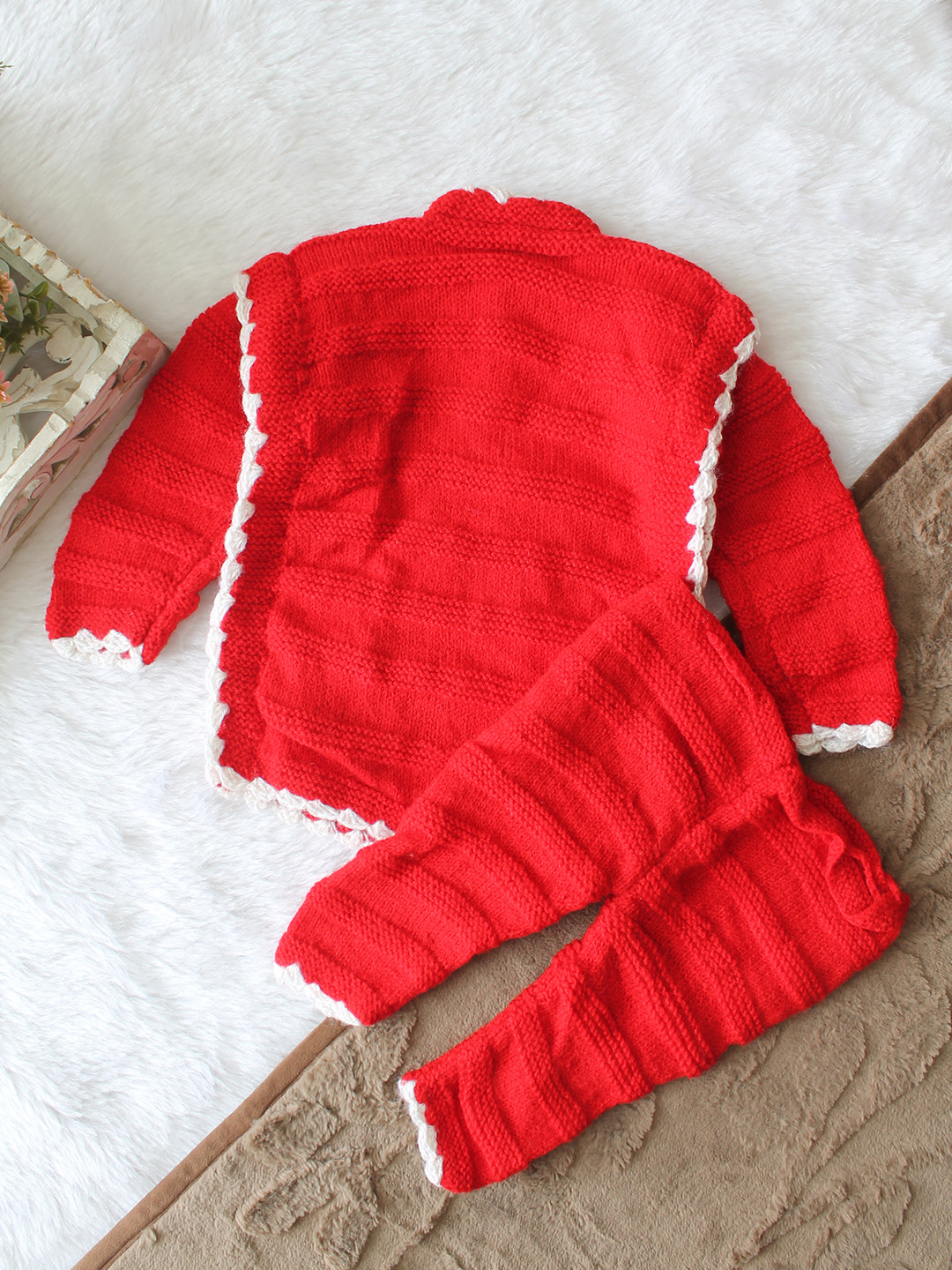 Woonie Knitted Zigzag Embroidered Sweater with Pant Set - Red