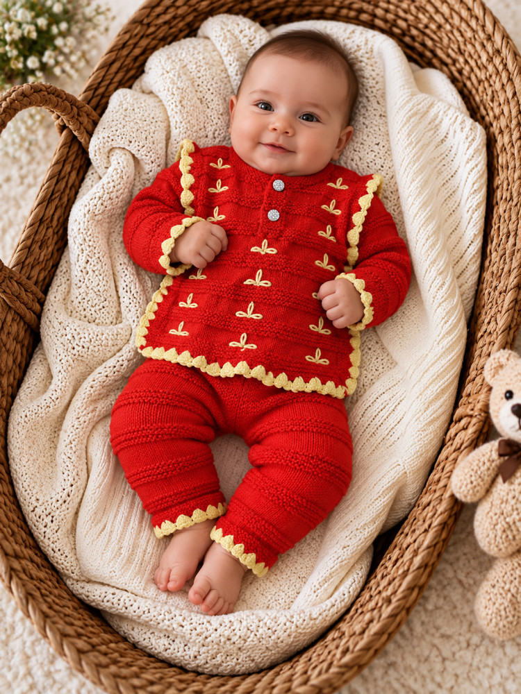 Image of Woonie Knitted Embroidered Sweater with Pant Set - Maroon