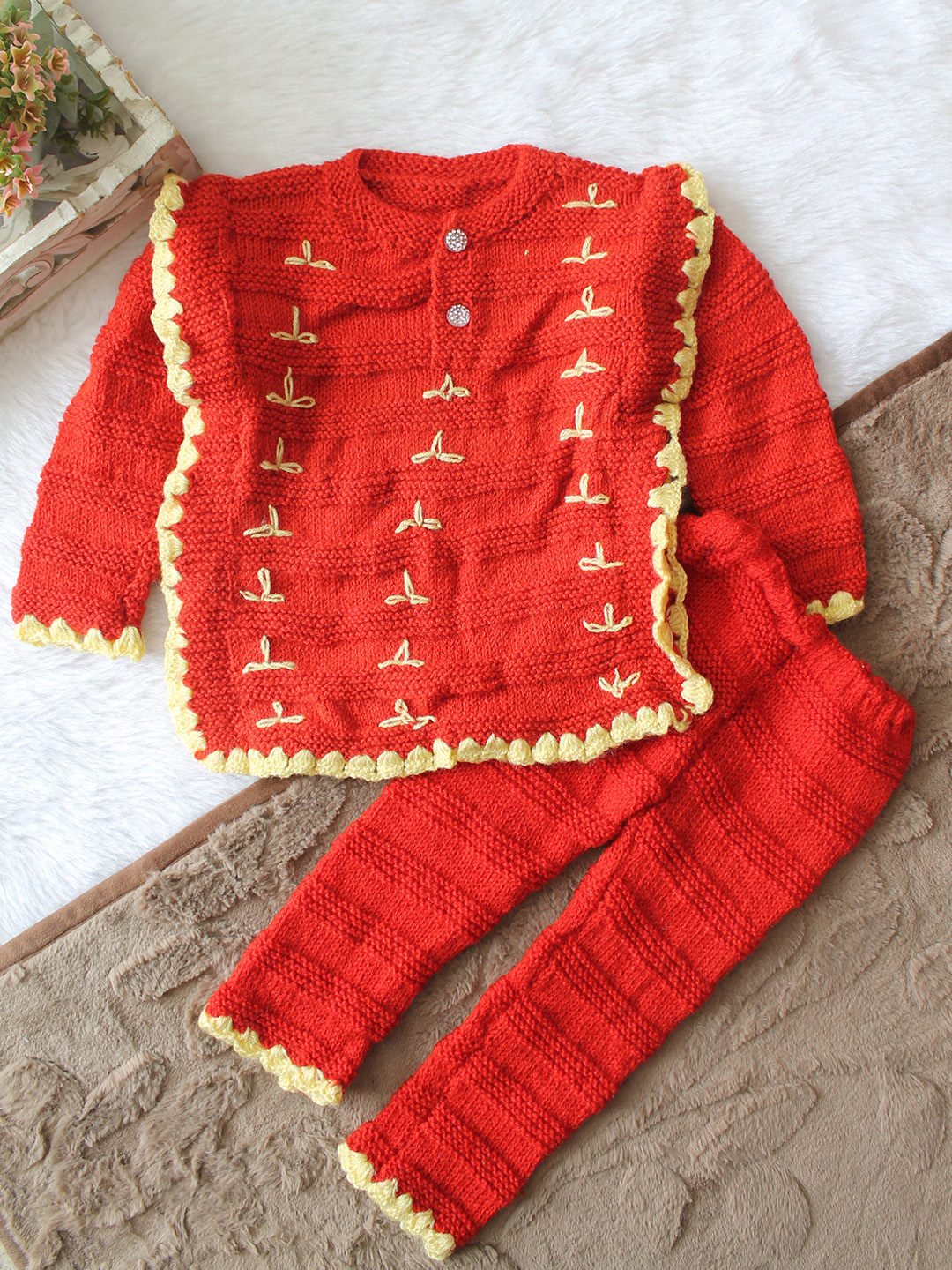 Woonie Knitted Embroidered Sweater with Pant Set - Maroon