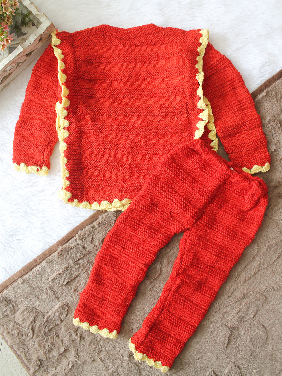 Woonie Knitted Embroidered Sweater with Pant Set - Maroon