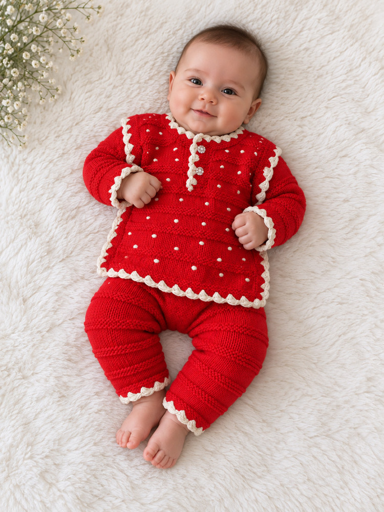 Image of Woonie Knitted Embroidered Sweater with Pant Set - Red