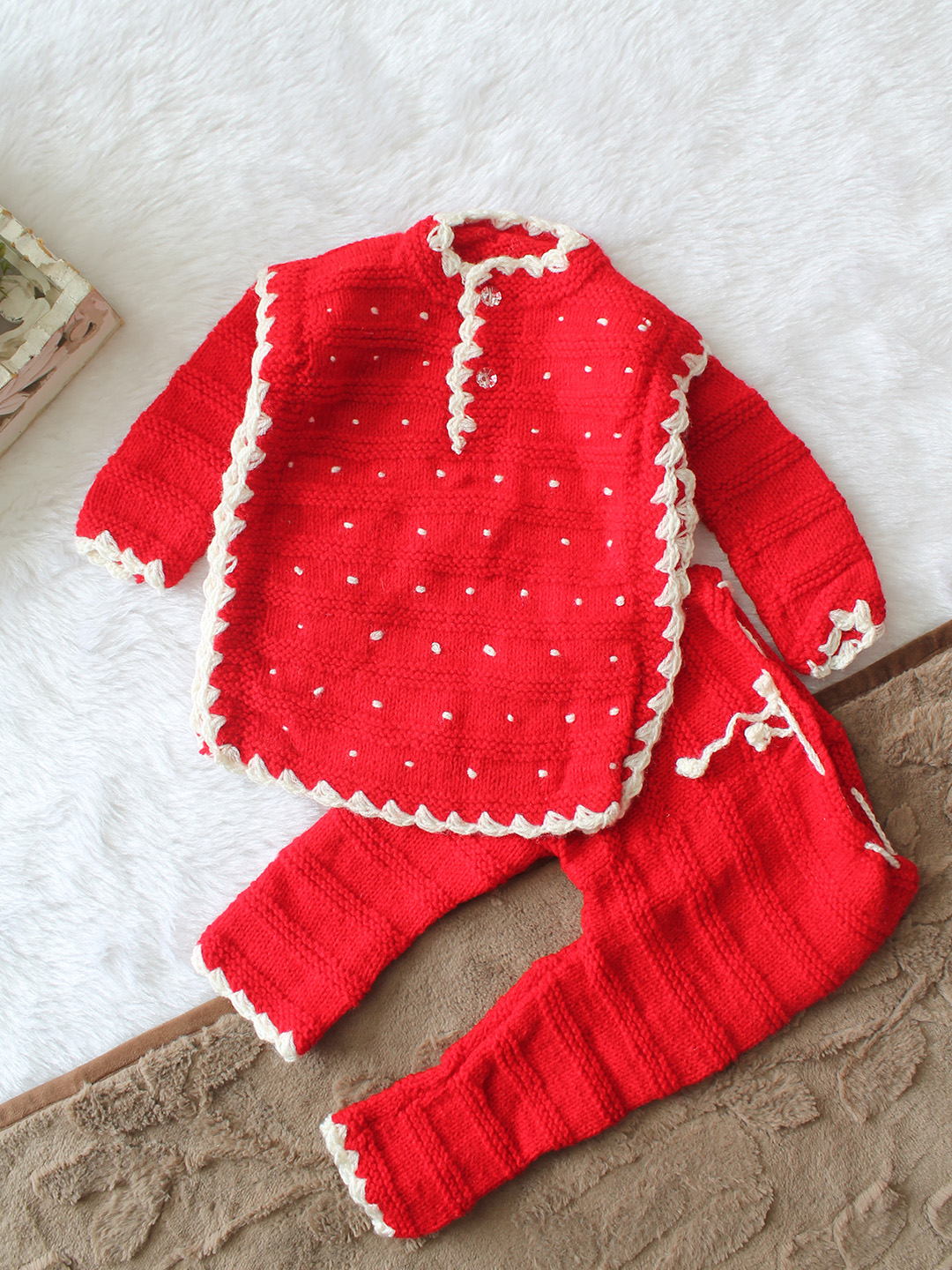 Woonie Knitted Embroidered Sweater with Pant Set - Red