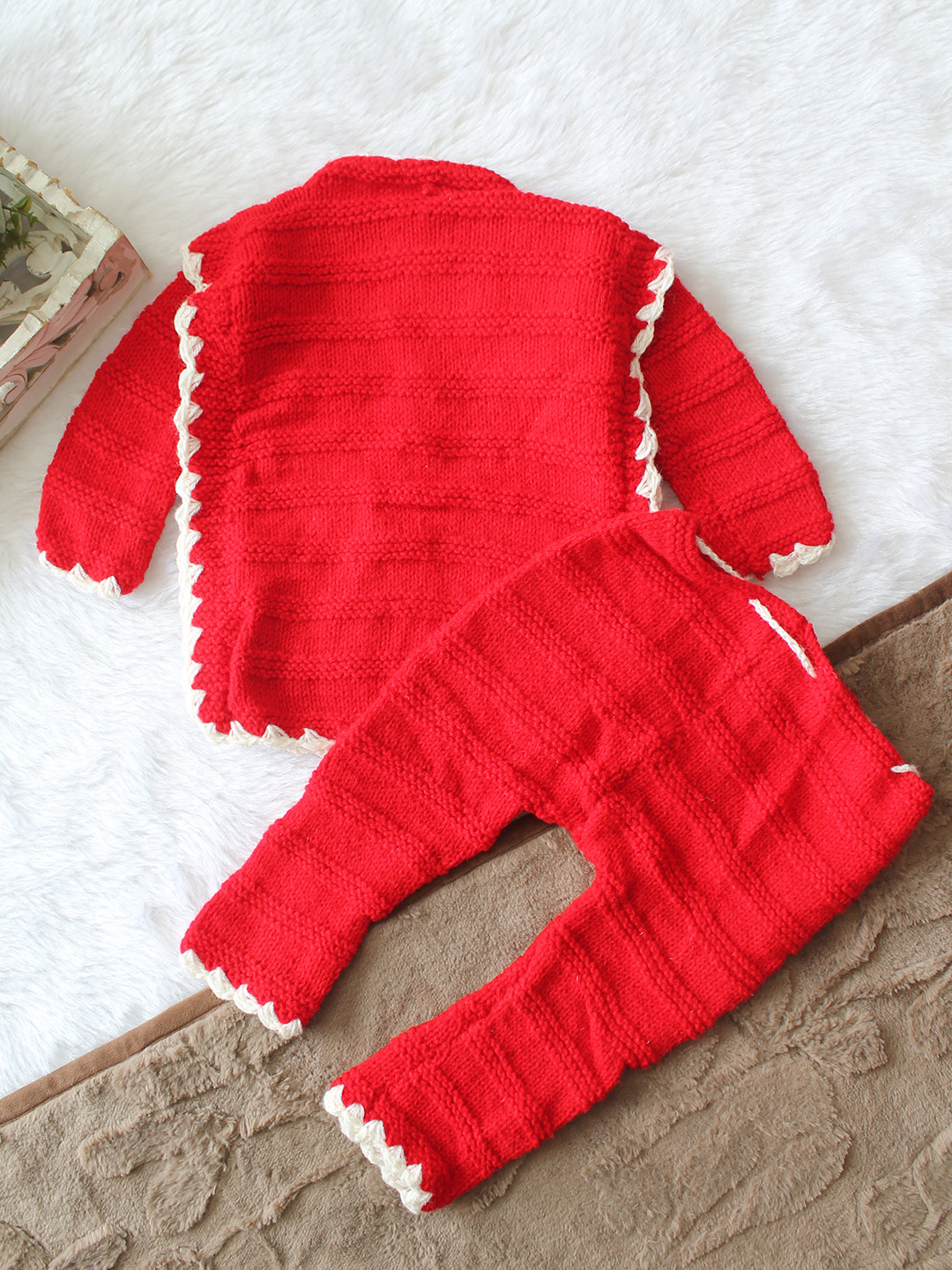 Woonie Knitted Embroidered Sweater with Pant Set - Red