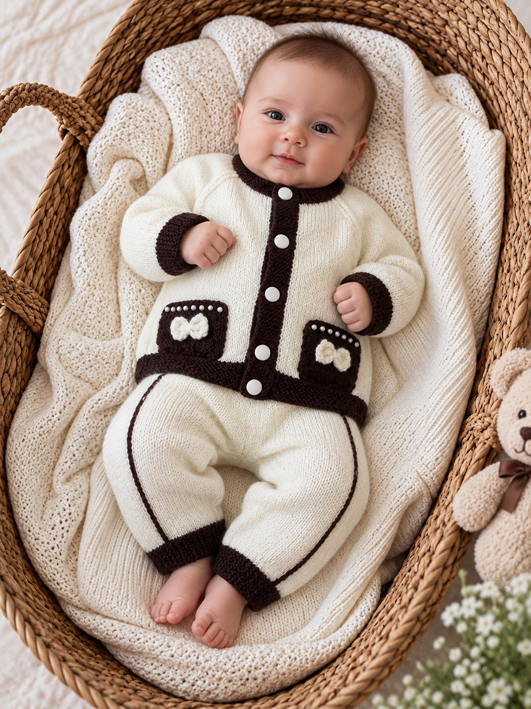 Woonie Knitted Bow with Pocket Detailed Sweater with Pant Set - Cream