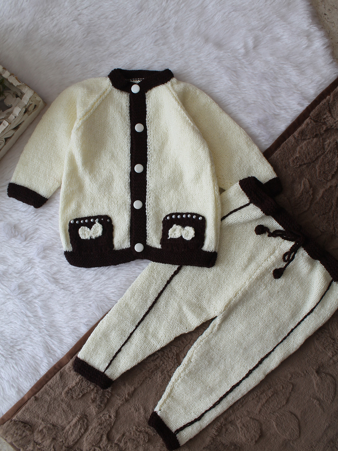 Woonie Knitted Bow with Pocket Detailed Sweater with Pant Set - Cream