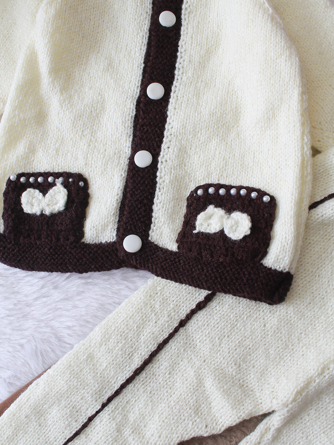 Woonie Knitted Bow with Pocket Detailed Sweater with Pant Set - Cream