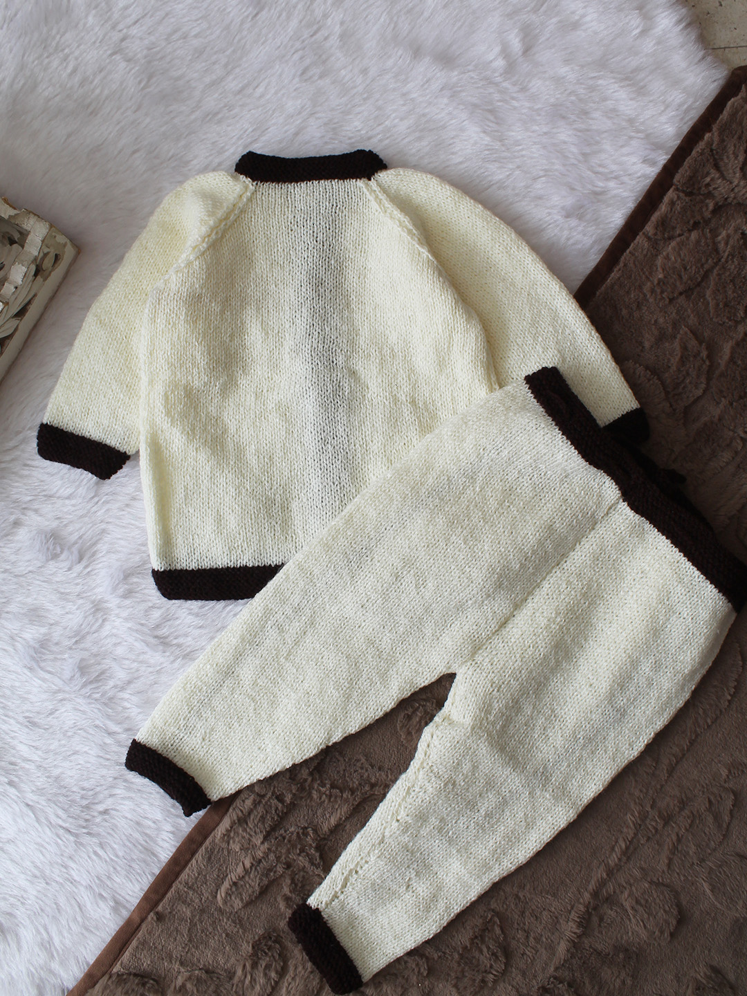 Woonie Knitted Bow with Pocket Detailed Sweater with Pant Set - Cream