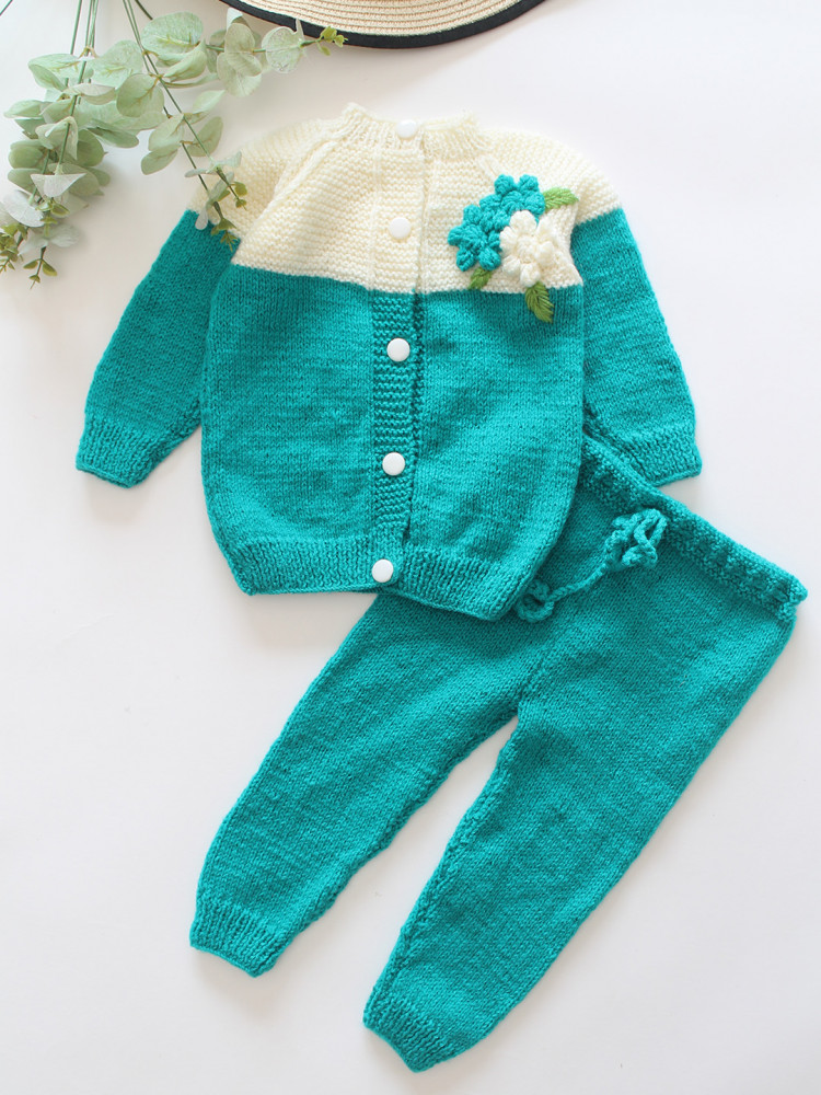 Image of Woonie Knitted Floral Applique Detailed Sweater with Pant Set - Green
