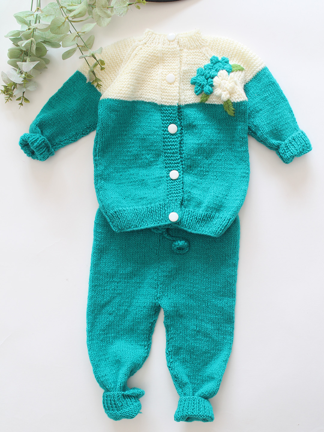 Woonie Knitted Floral Applique Detailed Sweater with Pant Set - Green