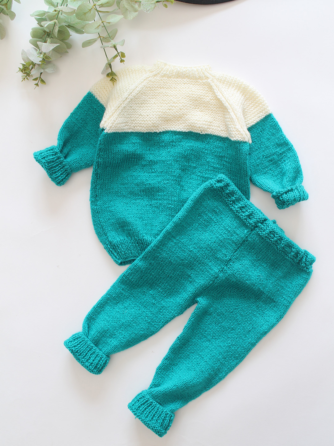 Woonie Knitted Floral Applique Detailed Sweater with Pant Set - Green
