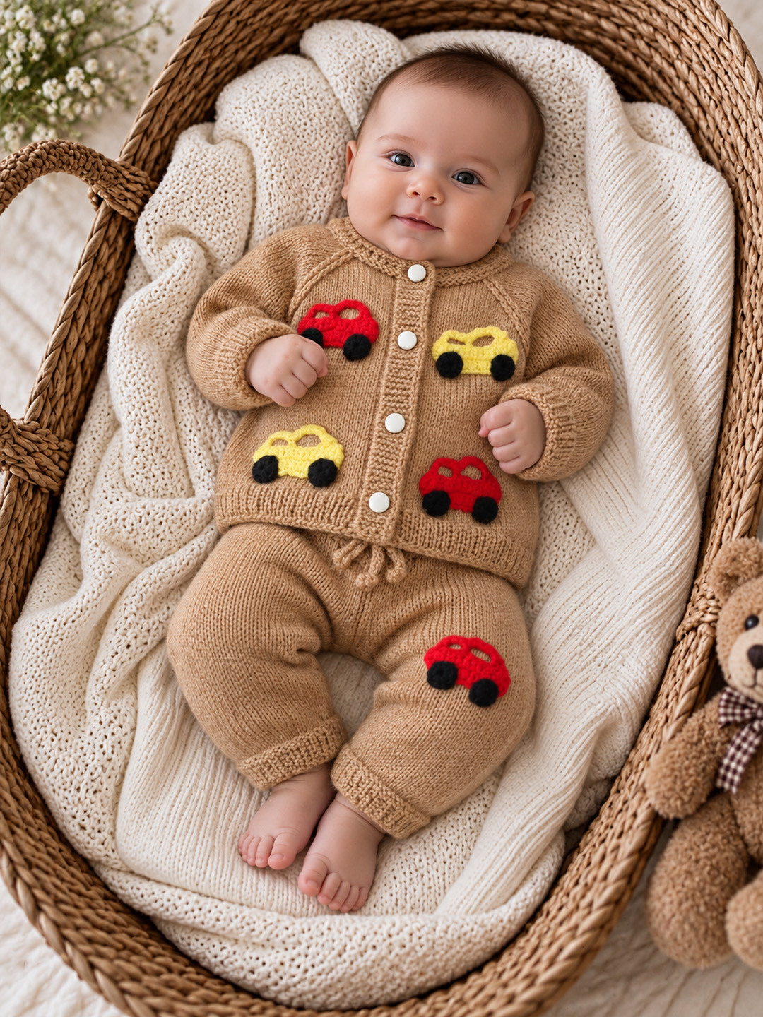 Woonie Knitted Car Applique Design Sweater with Pant Set - Beige