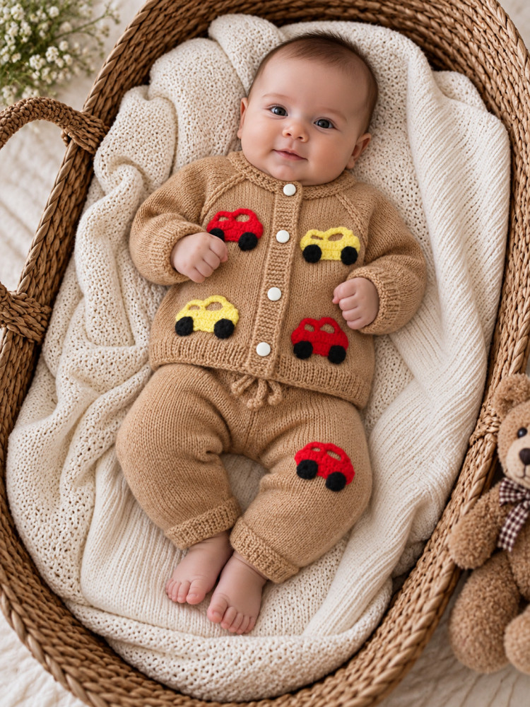 Image of Woonie Knitted Car Applique Design Sweater with Pant Set - Beige