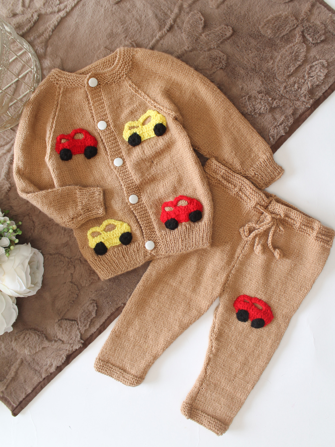 Woonie Knitted Car Applique Design Sweater with Pant Set - Beige