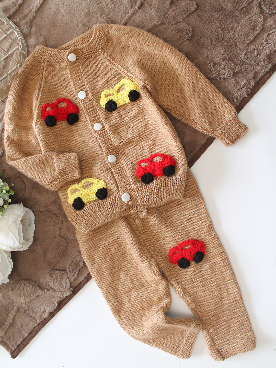 Woonie Knitted Car Applique Design Sweater with Pant Set - Beige