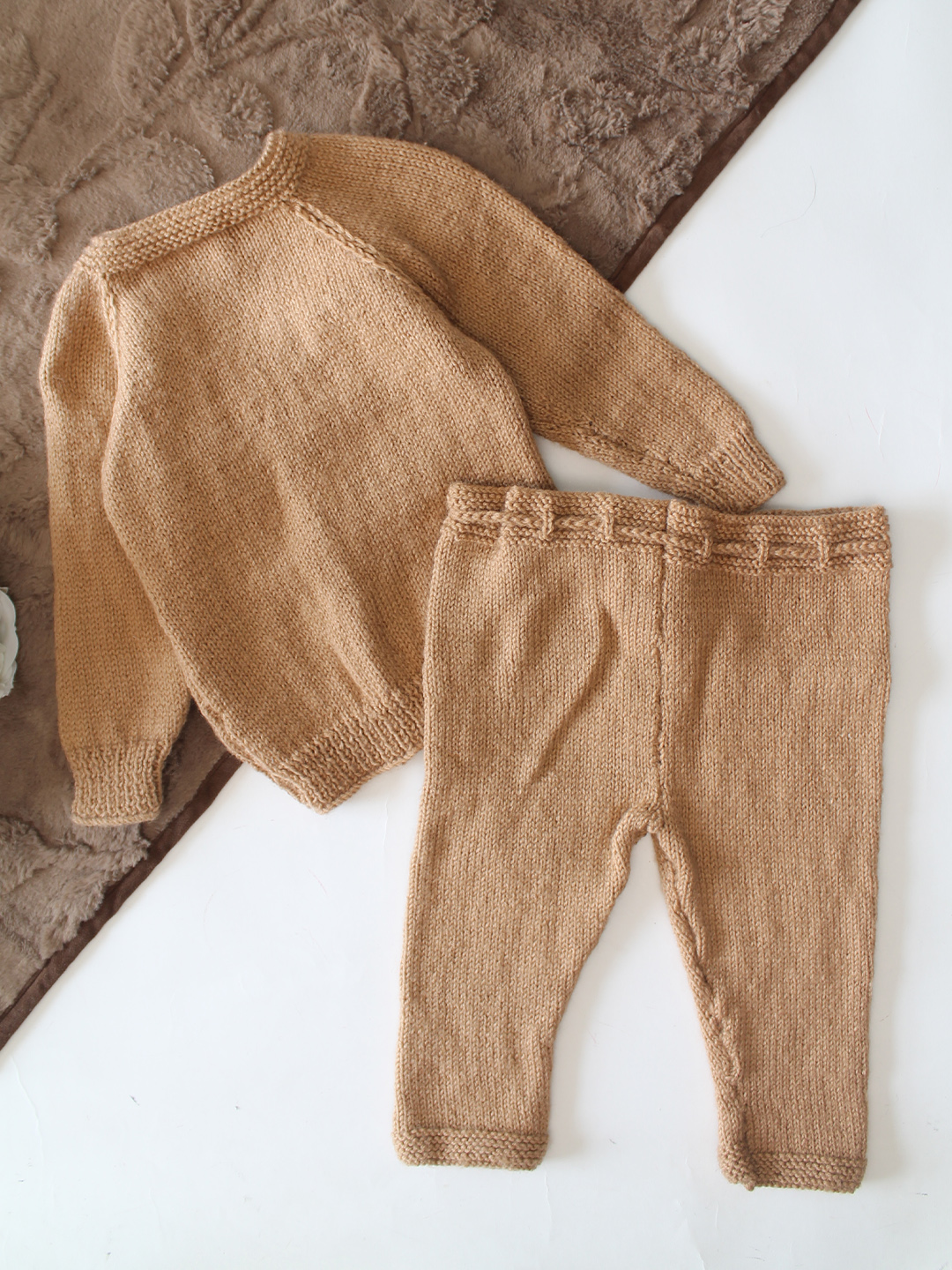 Woonie Knitted Car Applique Design Sweater with Pant Set - Beige