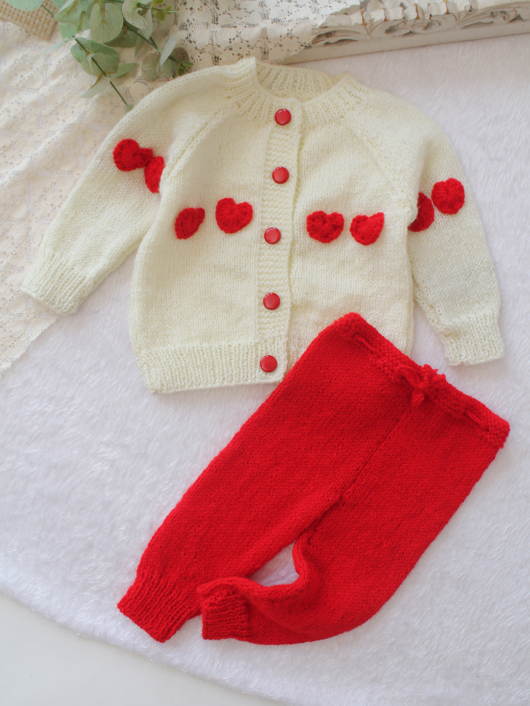 Woonie Knitted Heart Applique Detailed Sweater with Pant Set - Cream