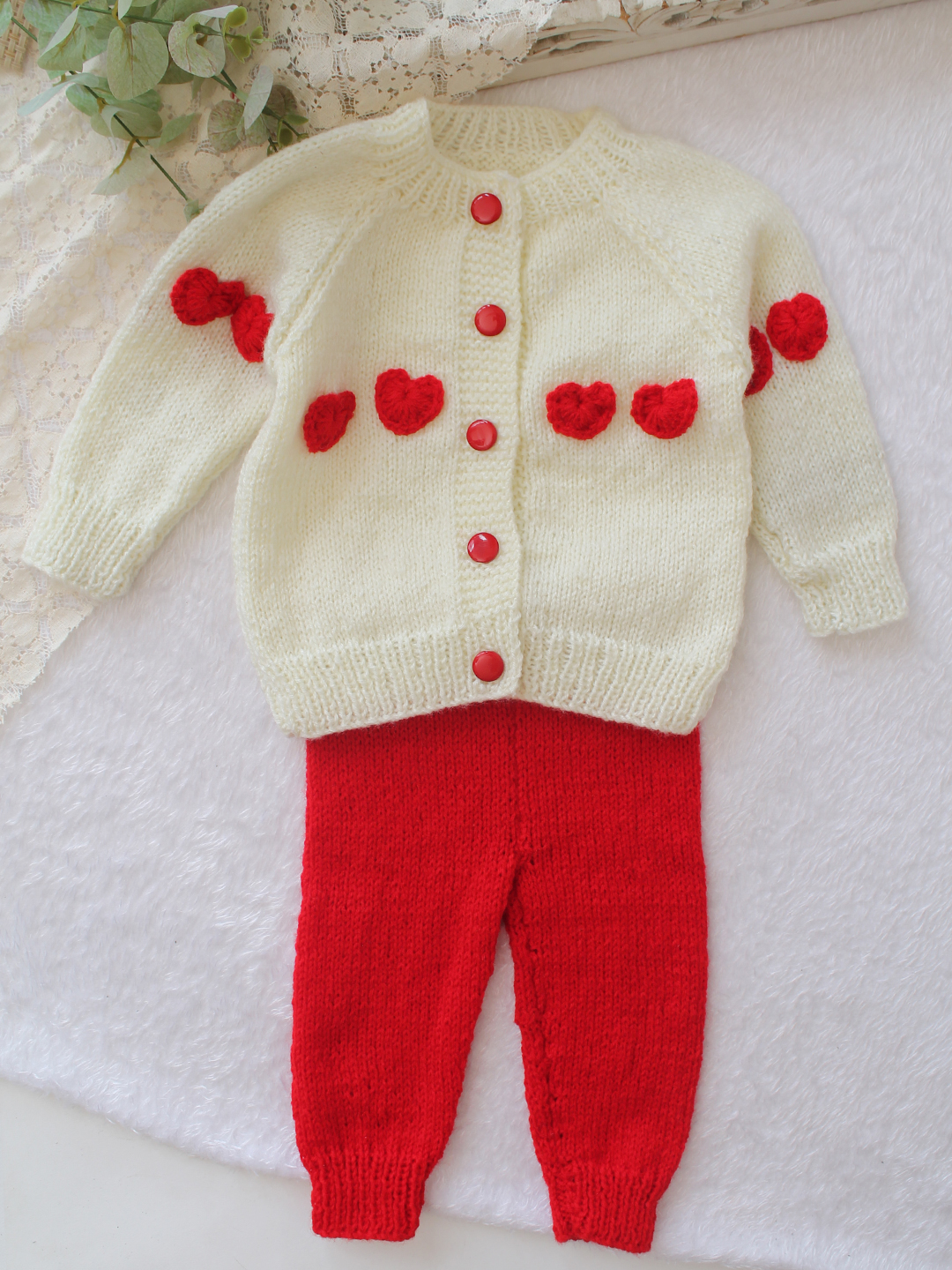 Woonie Knitted Heart Applique Detailed Sweater with Pant Set - Cream