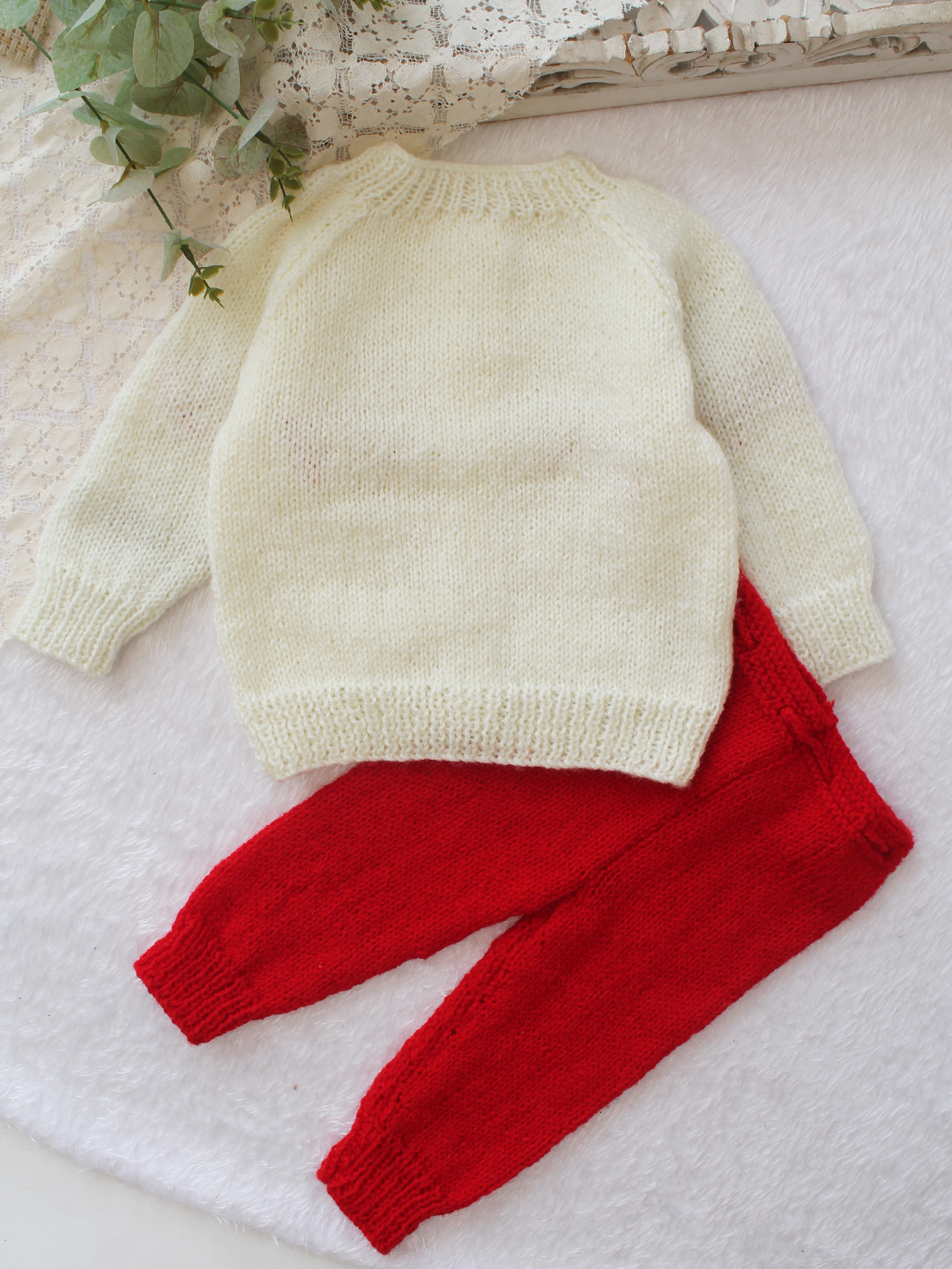 Woonie Knitted Heart Applique Detailed Sweater with Pant Set - Cream