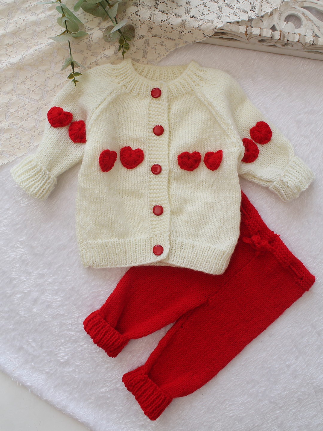 Woonie Knitted Heart Applique Detailed Sweater with Pant Set - Cream
