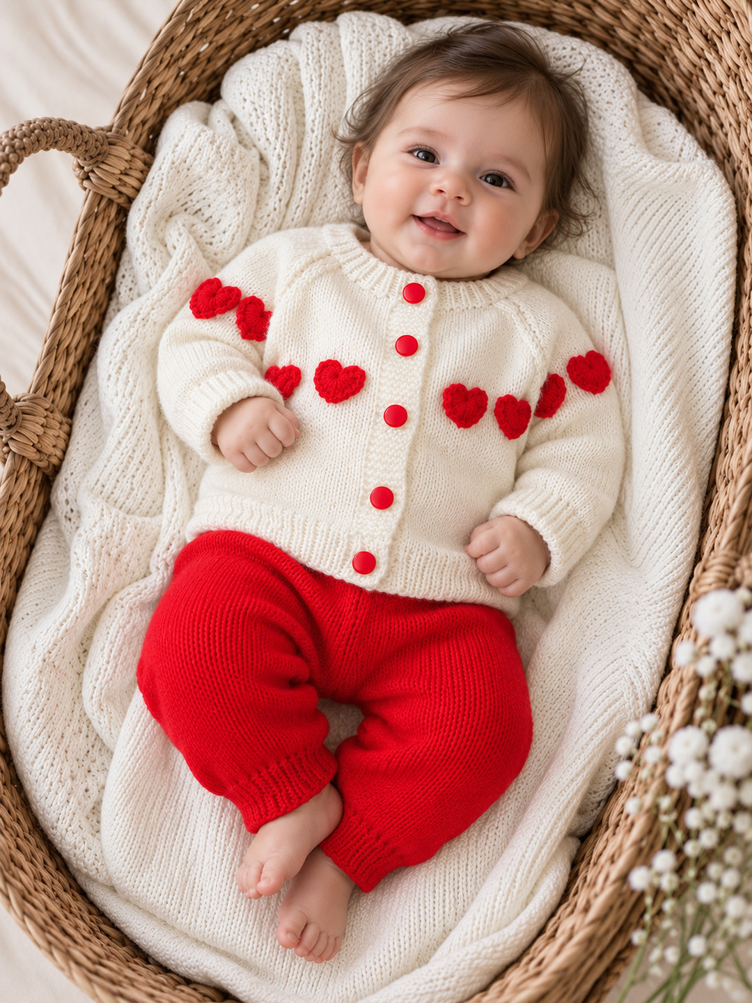 Woonie Knitted Heart Applique Detailed Sweater with Pant Set - Cream