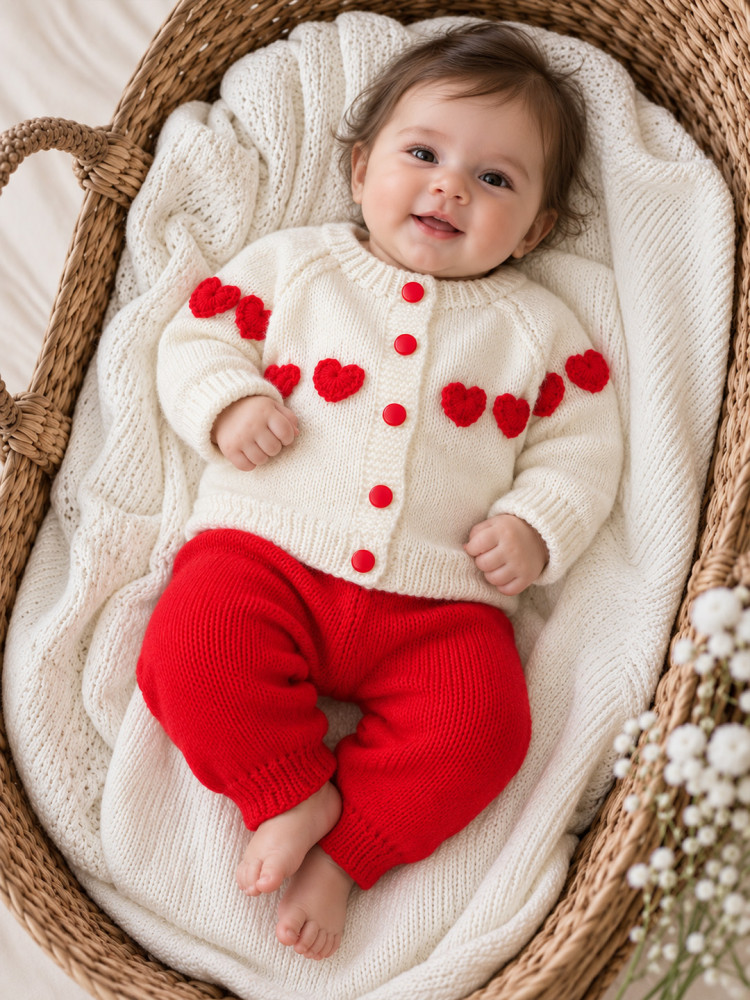 Image of Woonie Knitted Heart Applique Detailed Sweater with Pant Set - Cream
