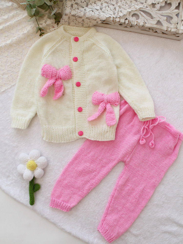 Image of Woonie Knitted Bow Detailed Sweater with Pant Set - Cream