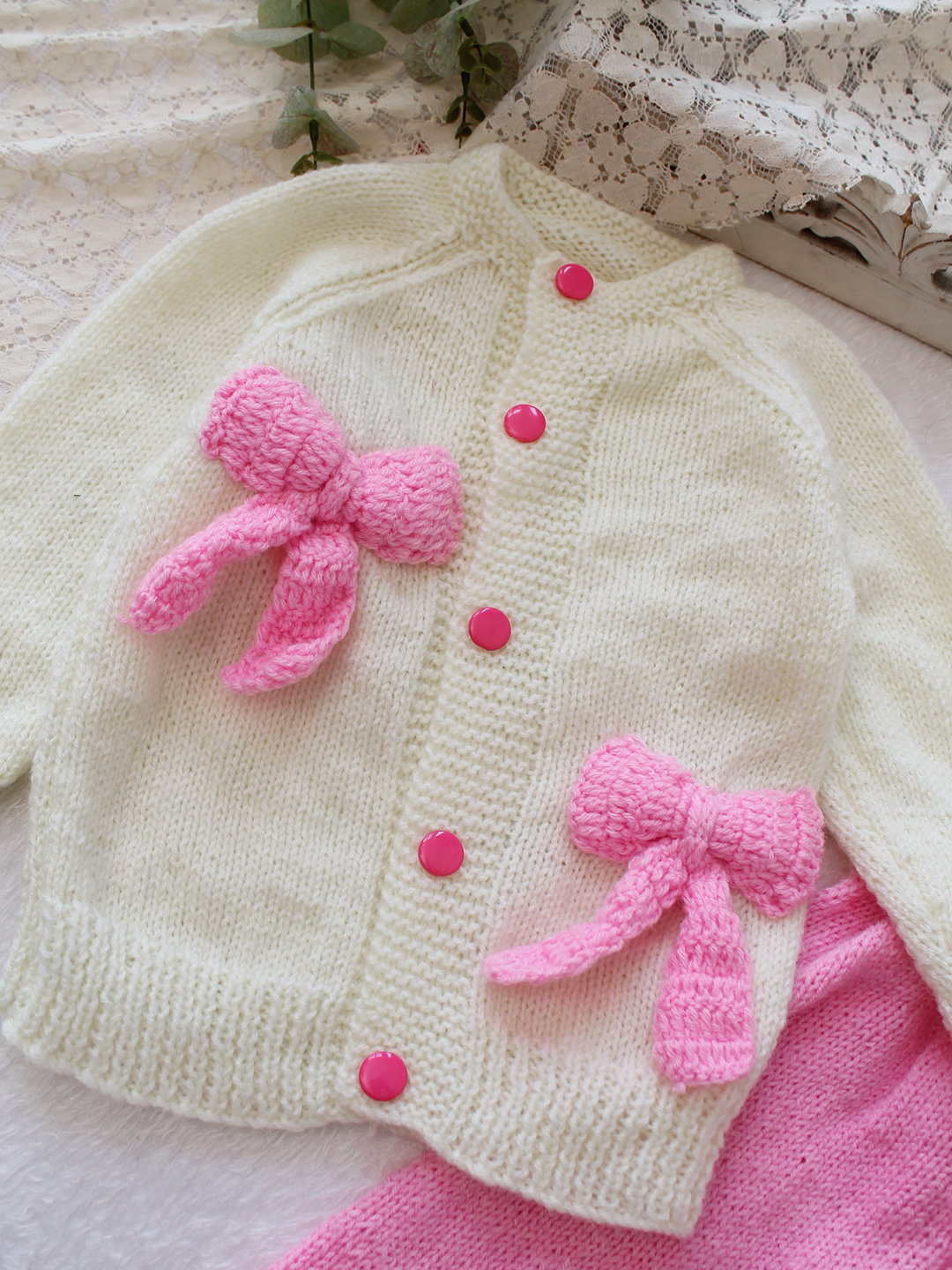 Woonie Knitted Bow Detailed Sweater with Pant Set - Cream