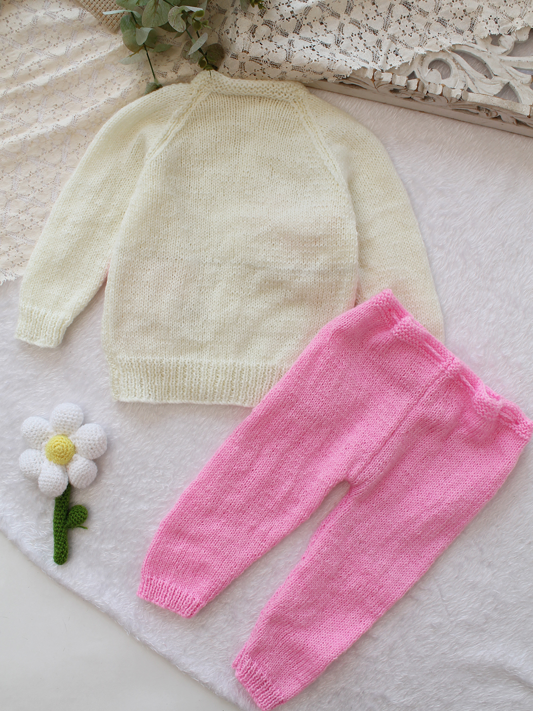 Woonie Knitted Bow Detailed Sweater with Pant Set - Cream