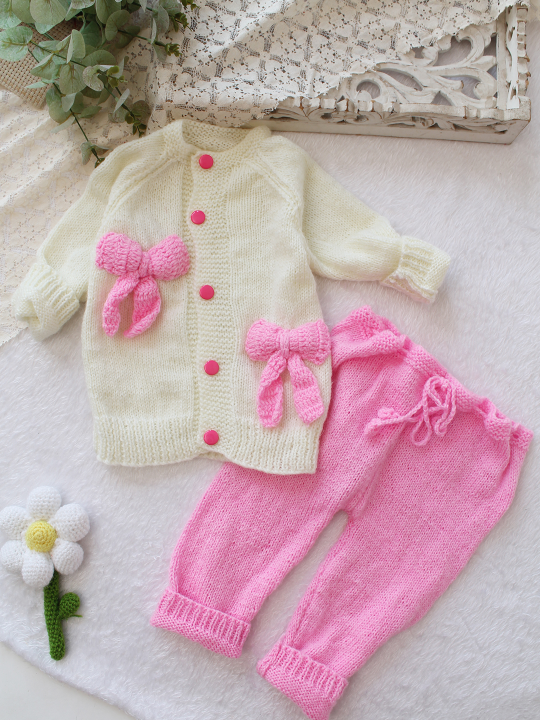 Woonie Knitted Bow Detailed Sweater with Pant Set - Cream