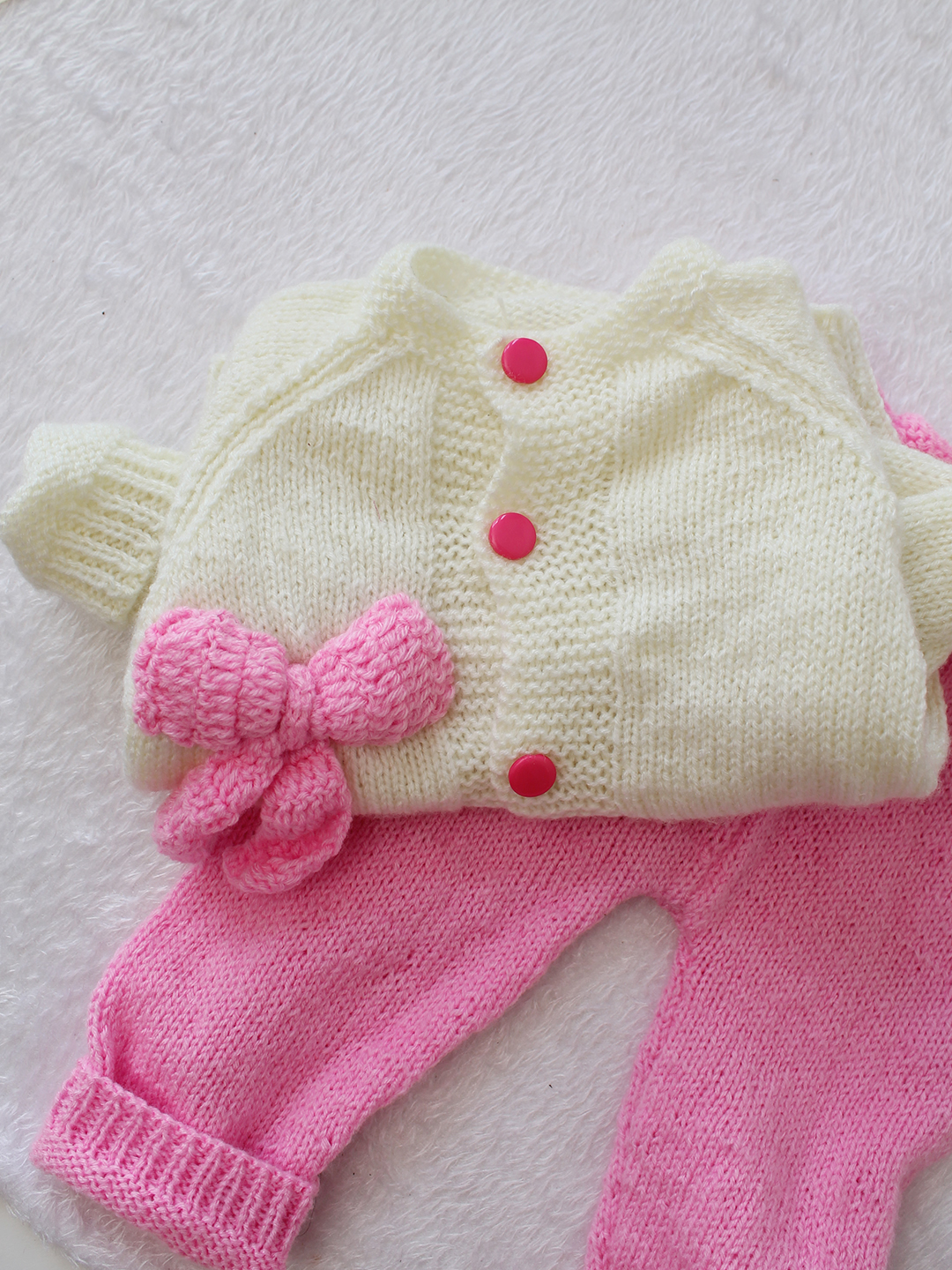 Woonie Knitted Bow Detailed Sweater with Pant Set - Cream