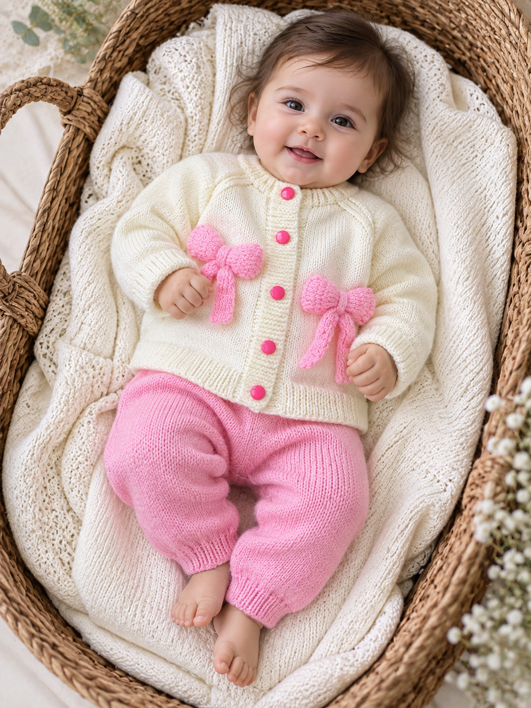 Woonie Knitted Bow Detailed Sweater with Pant Set - Cream