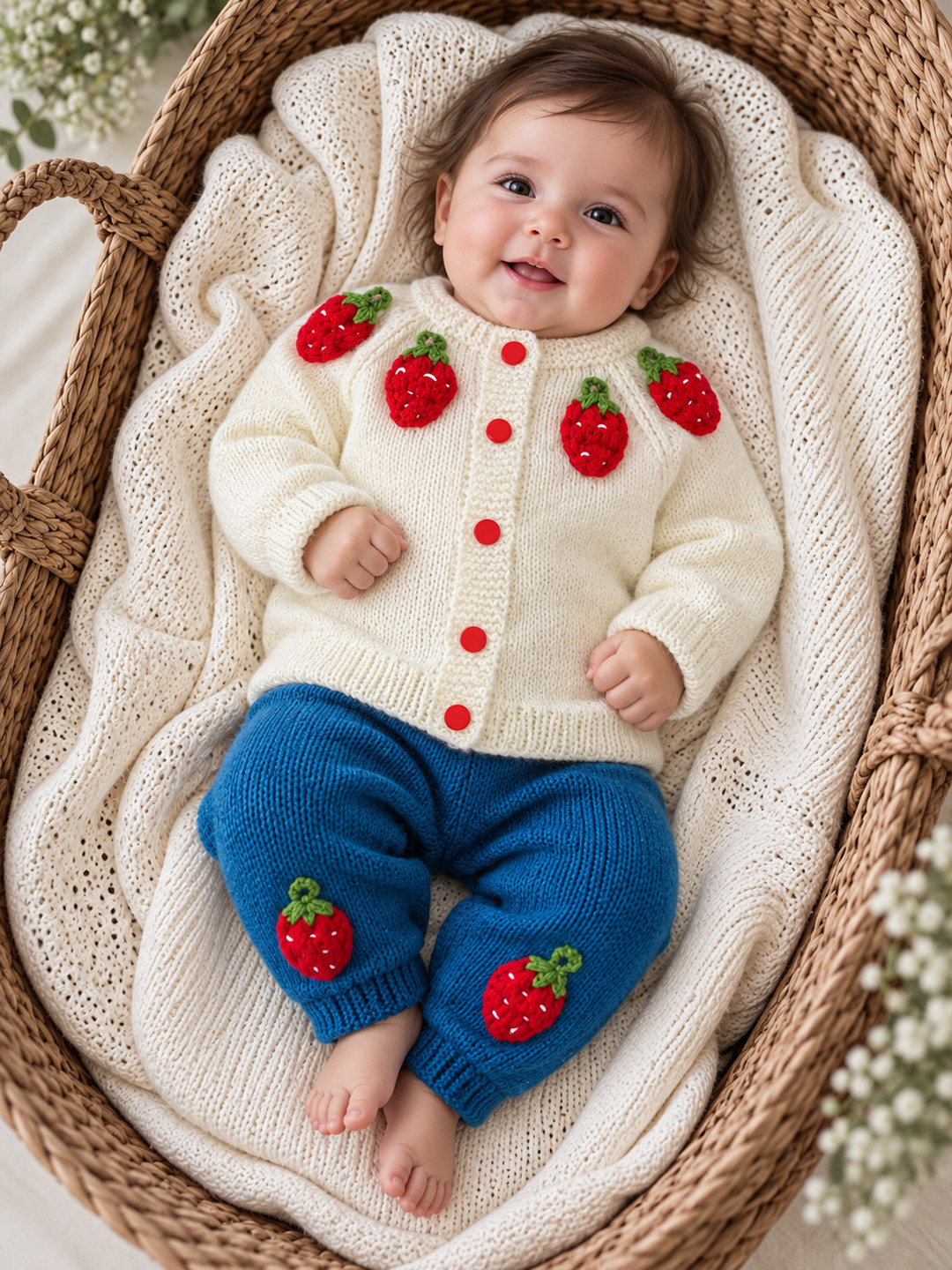 Woonie Knitted Strawberry Applique Detailed Sweater with Pant Set - Cream
