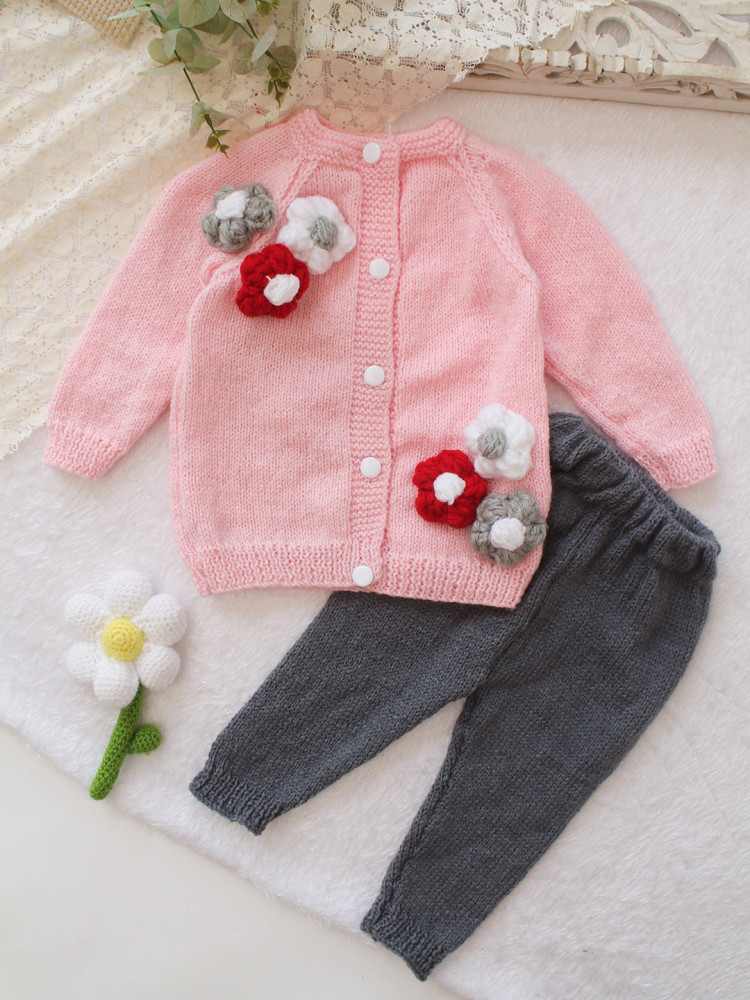 Image of Woonie Knitted Floral Applique Detailed Sweater with Pant Set - Pink