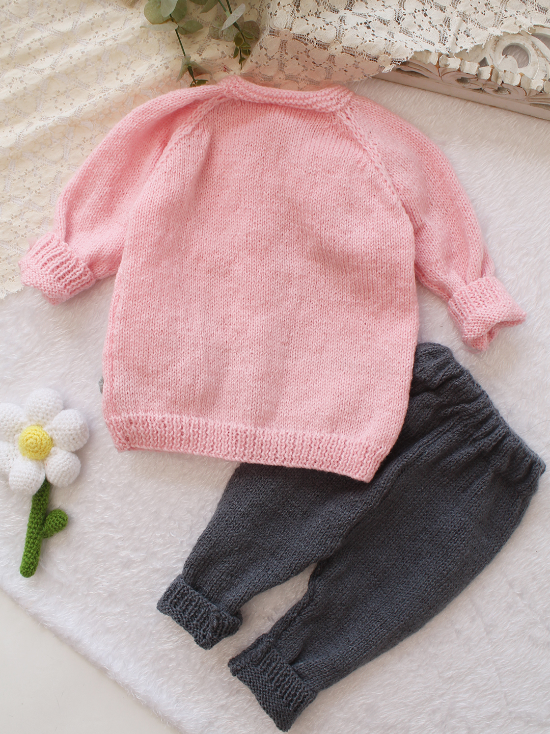 Woonie Knitted Floral Applique Detailed Sweater with Pant Set - Pink
