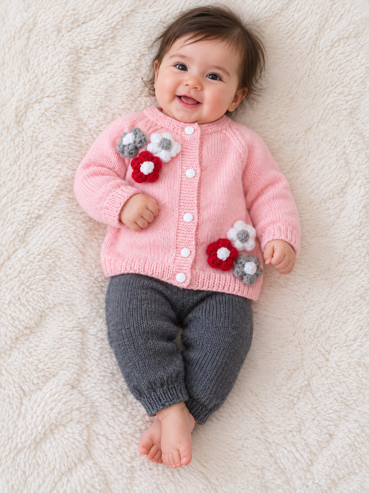 Image of Woonie Knitted Floral Applique Detailed Sweater with Pant Set - Pink