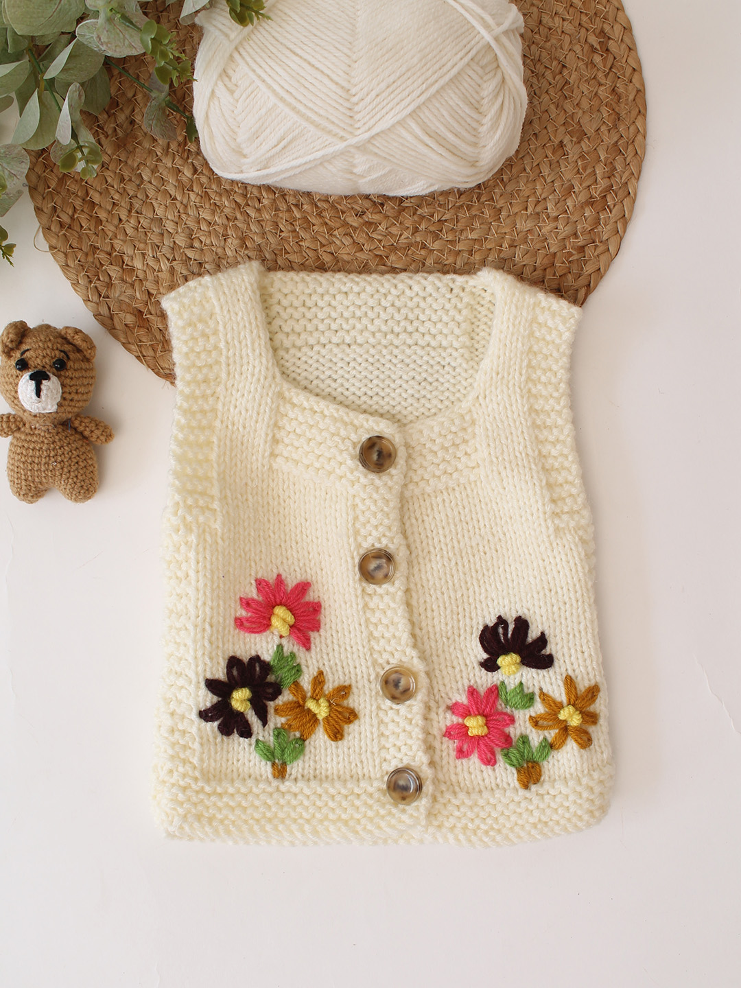 Woonie Handknitted Floral Embroidered Vest - Cream