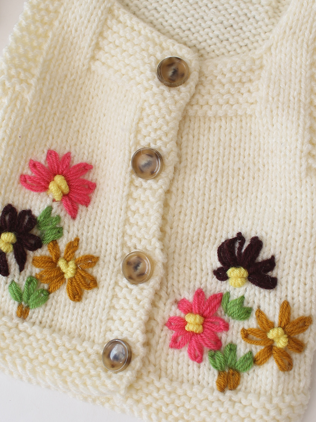 Woonie Handknitted Floral Embroidered Vest - Cream