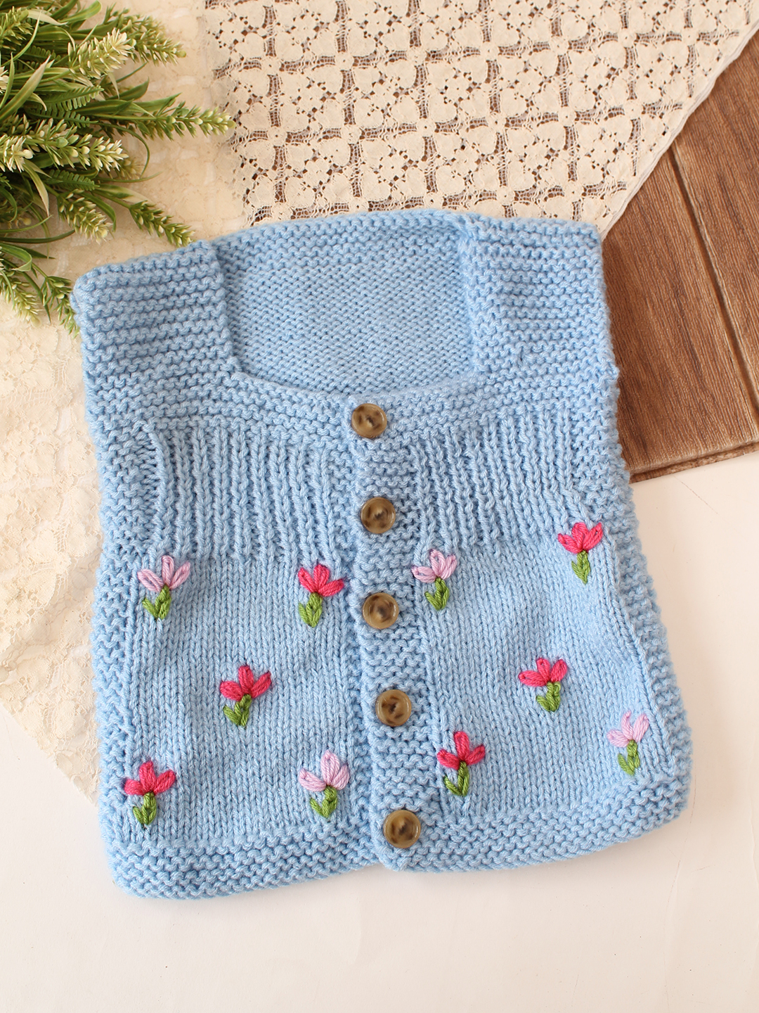 Woonie Handknitted Floral Embroidered Vest - Sky Blue