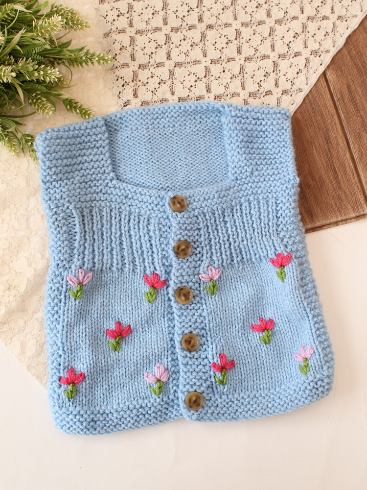 Image of Woonie Handknitted Floral Embroidered Vest - Sky Blue