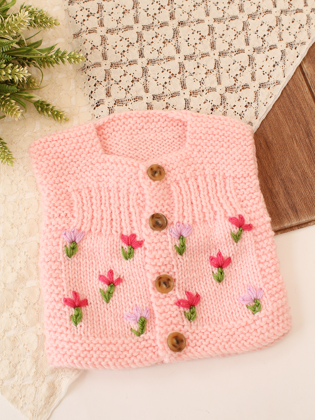Woonie Handknitted Floral Embroidered Vest - Pink