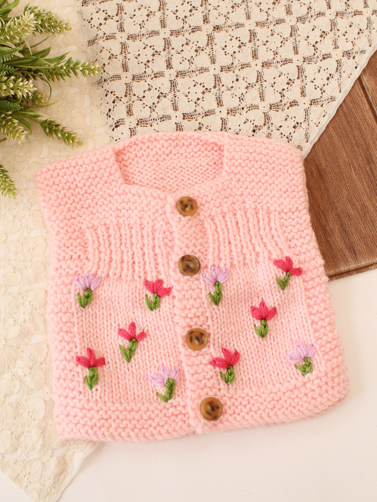 Image of Woonie Handknitted Floral Embroidered Vest - Pink