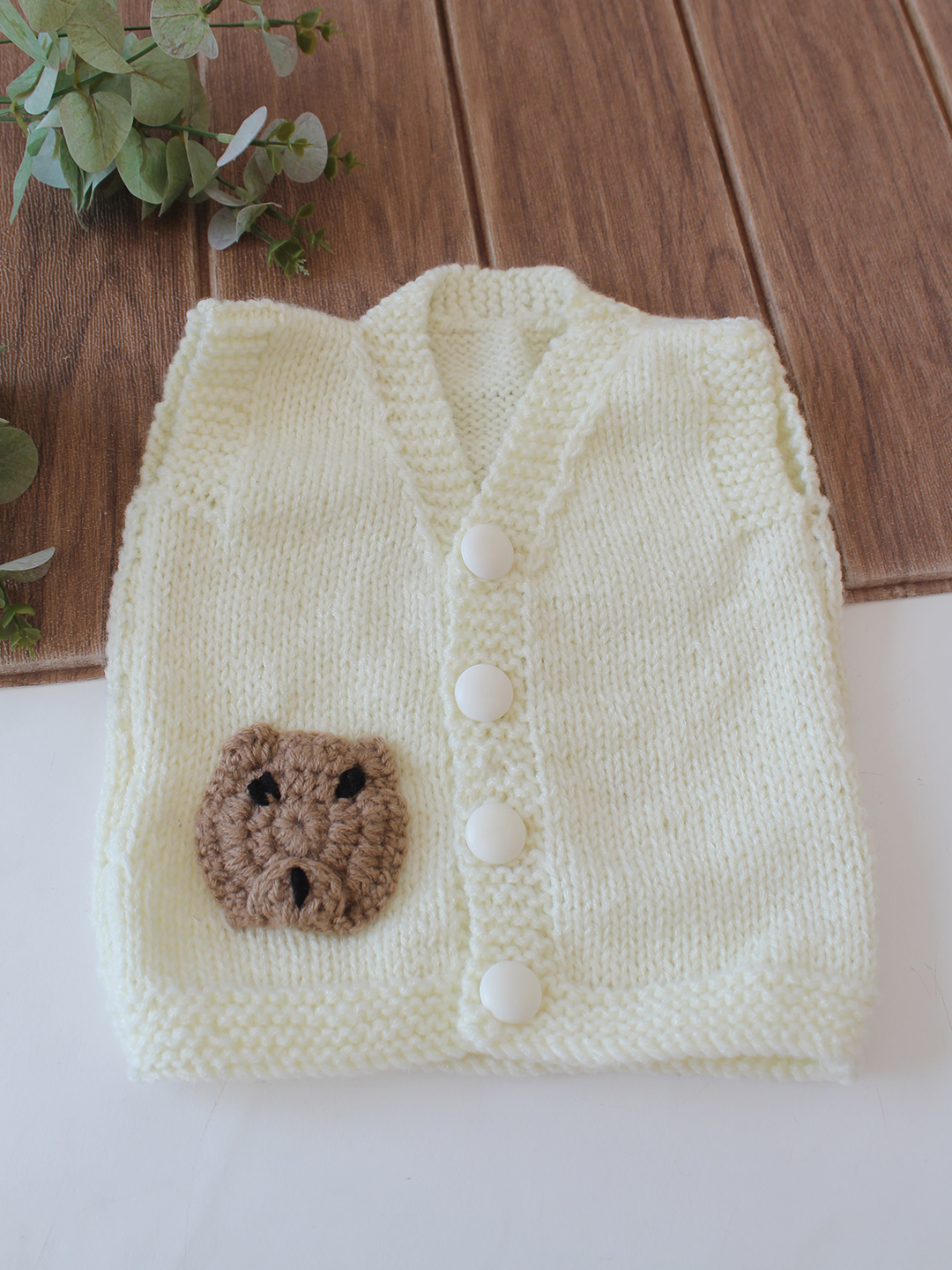 Woonie Handknitted Teddy Face Applique Vest - Cream