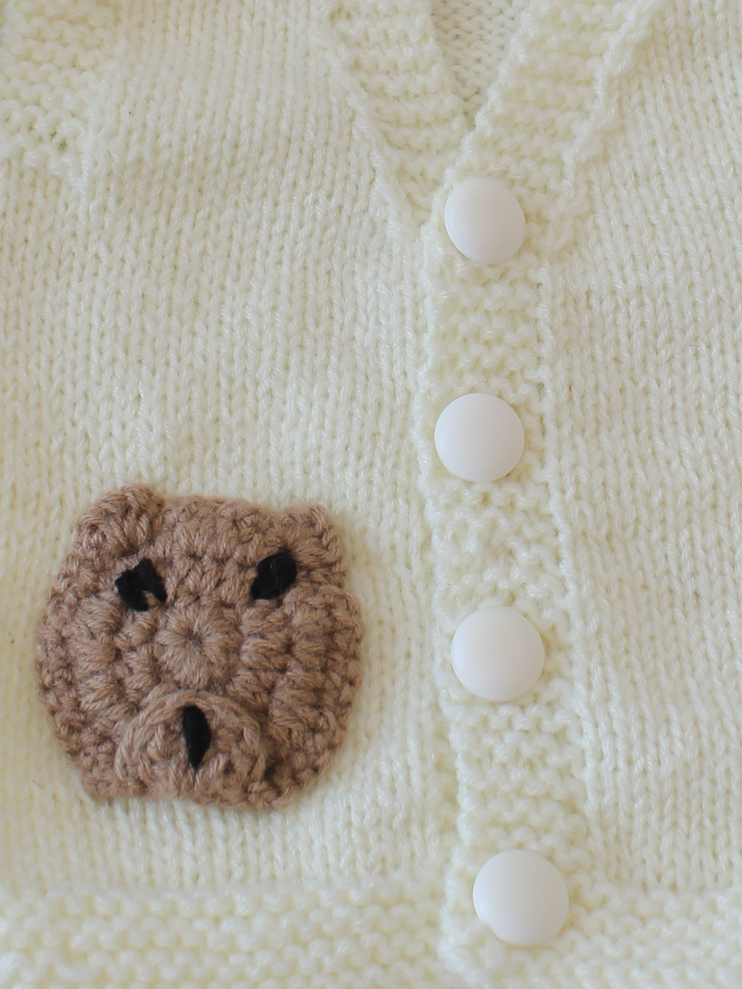 Woonie Handknitted Teddy Face Applique Vest - Cream